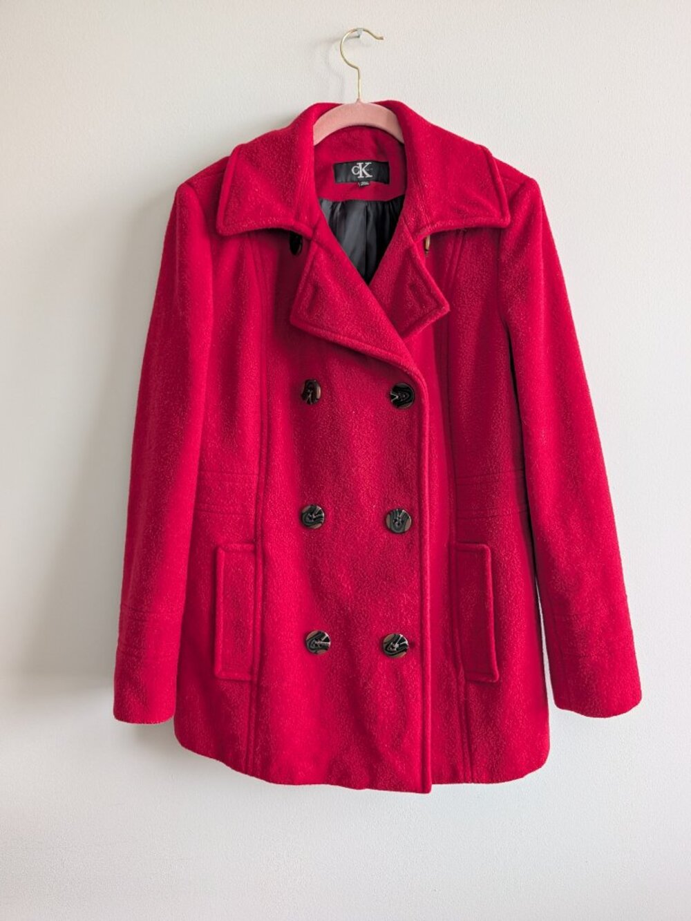 Calvin Klein Womens Medium Red Double Breasted Wool Blend Pea Coat Jacket